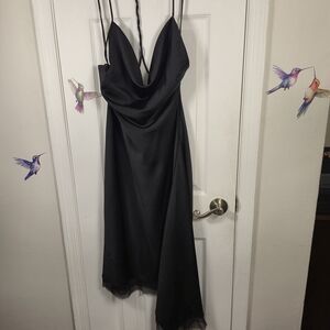 BCBGMAXAZRIA Black Cowl Neck Silk Trim Midi Slip LBD Cocktail Dress Size 12
